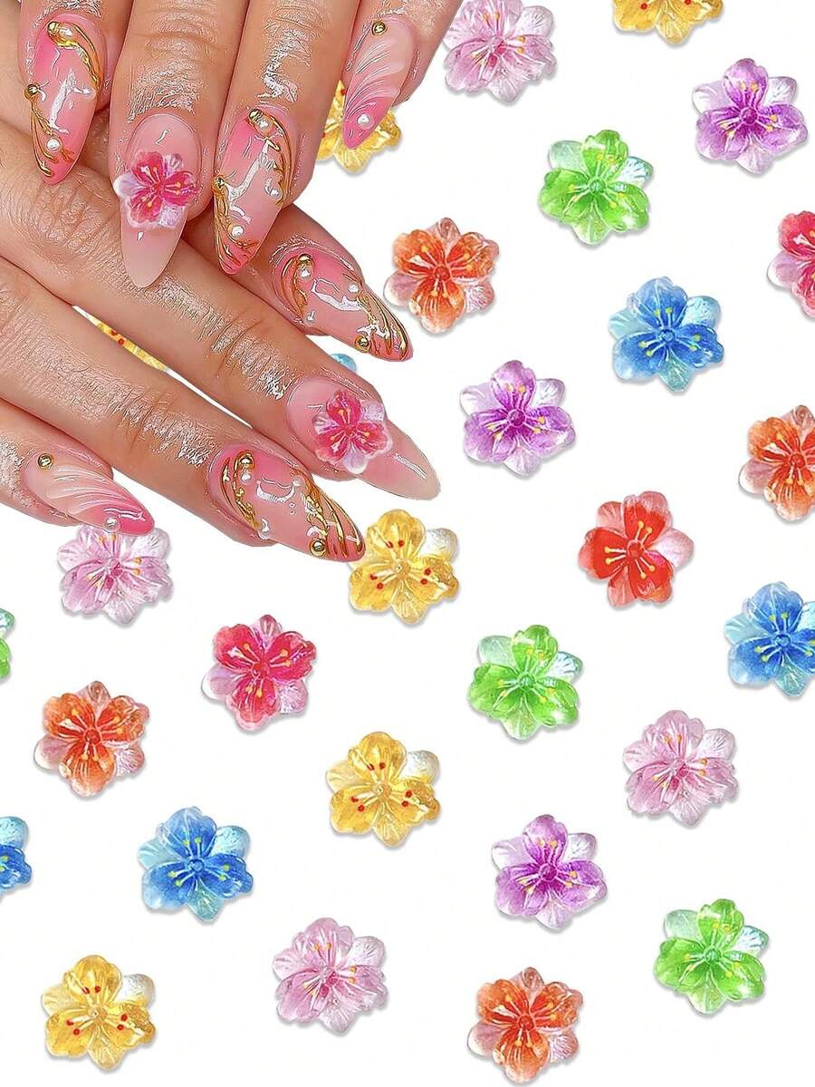 20/50/100 件花朵指甲饰彩色透明极光樱花指甲水钻适用于丙烯酸指甲 3D 渐变晕染樱花设计可爱指甲宝石树脂美甲用品女士女孩美甲饰物配件 DIY 指甲宝石
