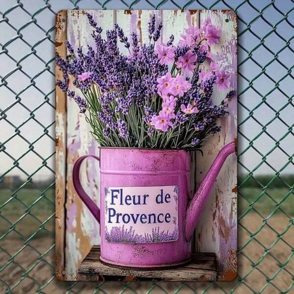 Targa vintage in metallo viola - arte rustica della Provenza di una annaffiatoio a forma di fiore, realizzata in lamiera di alta qualità, adatta per decorazione indoor ed all'aperto, resistente alla ruggine e impermeabile, perfetta per arredamento casa, giardino, bar o caffè, decorazione casa lavanda