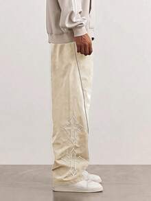 1 Pc Men's Casual Pants With Cross Embroidery, Featuring Drawstring Waist, Reflective Stripe Trim, Fashion Design Suitable For Beach, Daily Commute, Sports, Outdoor Activities, Loose Straight Cut, Applicable For Spring, Summer, Autumn, Winter, Street Style, Gift For Boyfriend, Husband, Anniversary - Beige - View 3
