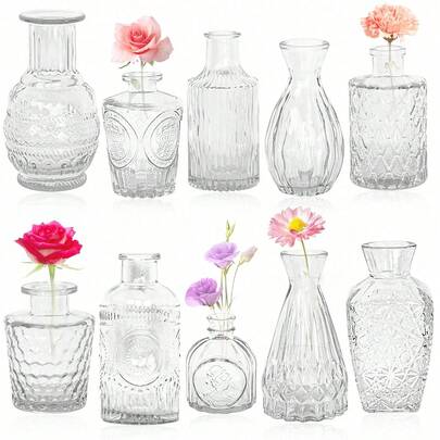 10 Stück/Set Vintage Mini Blumenvase, verschiedene Stile, kleine Knospen Vase für Tischmittelstücke, klarer Blumentopf mit Schnitzdetails, perfekt für rustikale Hochzeiten, Partys und Tischdekoration, Heimdekoration, Blumenvase, Tischdekoration, Geschenke zum Geburtstag, Abschluss, Raumdekoration Glasvase