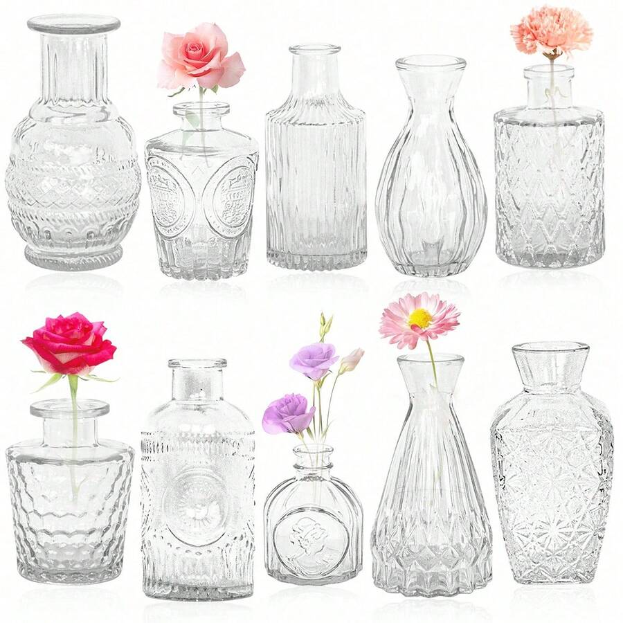 10 st/set Vintage mini blomvas, olika stilar, liten knoppvas för centerpieces, genomskinlig blomkruka med snidningsdetalj, perfekt för rustikt bröllop, fest och samlingsbordsdekoration, heminredning, blomvas, centerpiece, bordsdekoration presenter födelsedagsexamen - Multifärgad - Visa 1