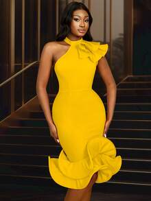 Vestido de fiesta elegante amarillo con volantes estilo halter y cola de sirena para dama - Ideal para Pascua, San Valentín, cumpleaños, boda, graduación, cena, regreso a casa, cita, fiesta, dama de honor, invitada de boda, graduación - Amarillo - Ver 3