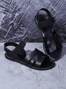 女士松紧带凉鞋，纯色基本款优雅别致波西米亚海滩休闲户外 PU 皮革镂空平底凉鞋，适合婚礼、派对、办公室、家居、夏季