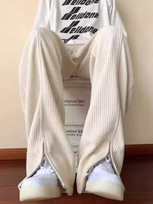 Men's Summer Corduroy Zipper Slit Wide Leg Pants, Solid Color Versatile Casual Sports Trousers