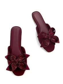 Giày sandal đế bằng nữ thanh lịch, đính hoa và nơ 3D, chất liệu Lycra, mũi vuông, thoải mái, màu đỏ rượu vang, thích hợp cho trang phục mùa xuân hè. - Màu Đỏ Sâu - Xem 3