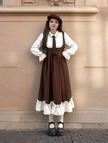1pc Vintage Sweet Aesthetic Academic Style 2 In 1 Ruffle Hem Lolita Long Dress Halloween - Khaki - View 2