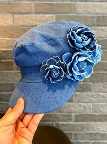 1 Stück Damen Jeansperlen-Baskenmütze, moderner minimalistischer Blumen-Maler-Hut, eleganter vintage flacher Oktogonhut, geeignet für Frühling/Sommer Outdoor, Lässig und für den täglichen Gebrauch
