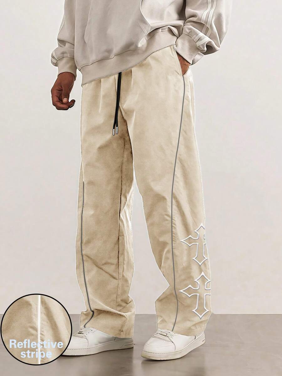1 Pc Men's Casual Pants With Cross Embroidery, Featuring Drawstring Waist, Reflective Stripe Trim, Fashion Design Suitable For Beach, Daily Commute, Sports, Outdoor Activities, Loose Straight Cut, Applicable For Spring, Summer, Autumn, Winter, Street Style, Gift For Boyfriend, Husband, Anniversary - Beige - View 1