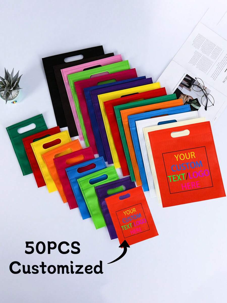 50pcs Non-Woven Reusable Tote Bags, Customizable With Text Or Graphics, Personalized Logo, Large Capacity Gift Bags For Weddings, Festivals, Parties - Multicolor - View 1