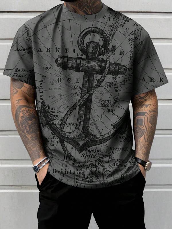 Men's Plus Size Anchor Nautical Map Crew Neck Short Sleeve T-Shirt