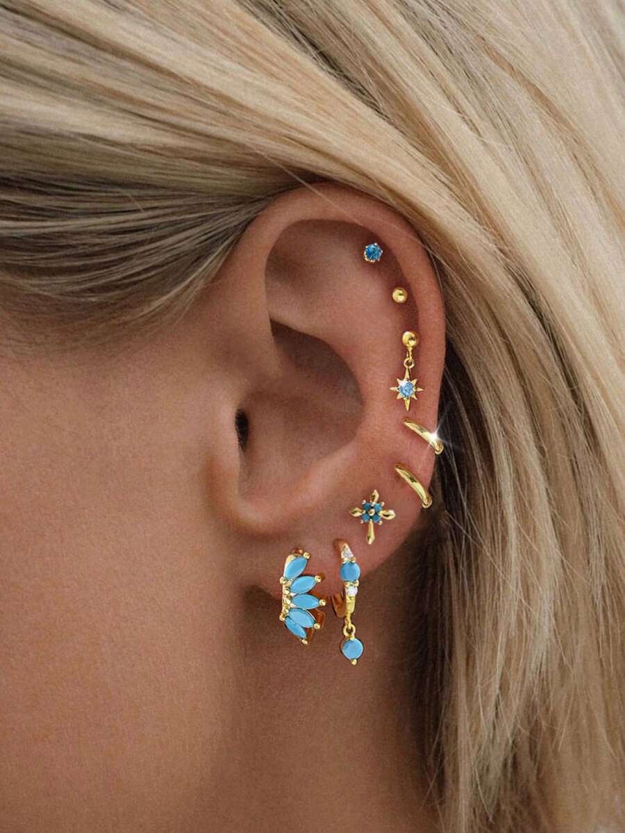 8 件套优雅蓝色锆石吊坠耳环简约风格珠宝套装，适合女性约会、派对和日常佩戴 - 金黃色 - 查看 1