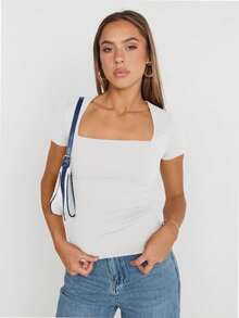 VERACT Women's Casual Slim Square Neck T Shirt Sports Short Sleeve Top - 白色 - 查看 3
