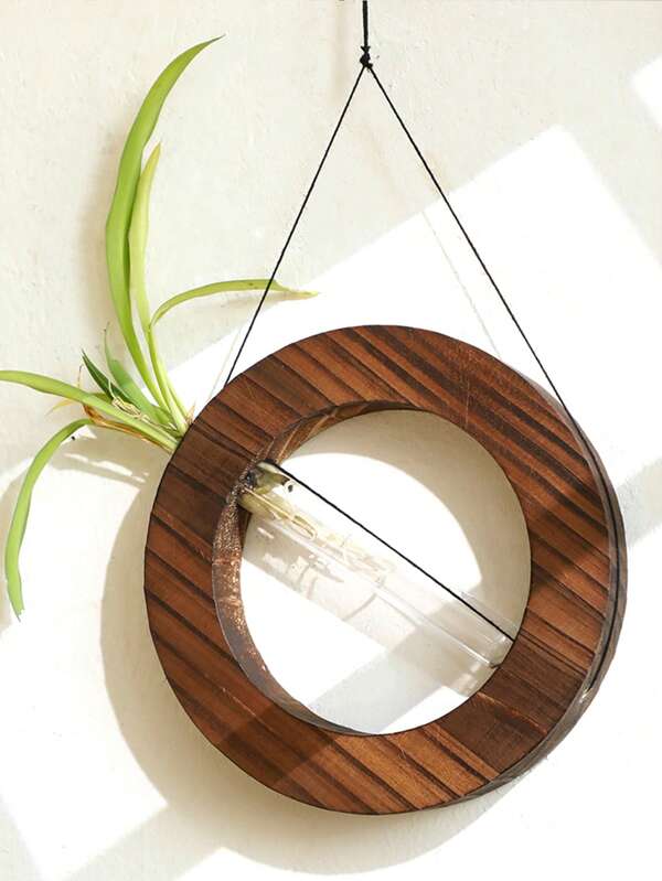 1pc Bohemian Round Wooden Crafted Plant Stand Holder, Minimalist Home Decor Wall Hanging Planter Display Rack