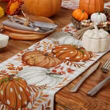 1pc Linen Pumpkin Print Table Runner, Simple Home Decor For Living Room Coffee Table, Autumn Farmhouse Style Decorative Cloth, Suitable For Thanksgiving/Halloween, Multi-Occasion