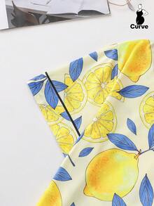 2 件套可爱柠檬印花蝴蝶结装饰大码女士睡衣套装，包括带领和纽扣的短袖衬衫、柔软面料和松紧腰短裤，适合日常、派对、居家和户外休闲穿着的时尚睡衣 - 黃色 - 查看 4