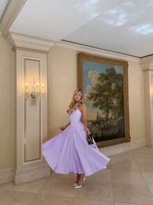 Vestido largo con cuello halter estampado de cuadros para mujeres, perfecto para citas - Morado - Ver 3