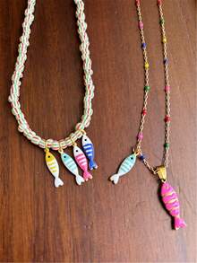 彩色鱼吊坠串珠彩色不锈钢链项链时尚优雅项链女士珠宝节日配饰