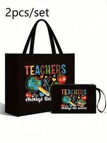 Teacher Appreciation Gift- Large Capacity Fashion Tote Bag With "Battery Life Of A Teacher" Print, Cosmetic Bag, Lining, And No Closure - Perfect For Educators And School Staff - Black - View 8