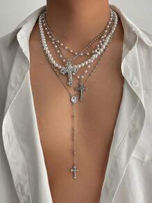 4pcs Vintage Punk Style Metal Cross Pendant Y-Necklace, Men's Hip Hop Fashion Faux Pearl Beaded Multi Layer Necklace Set
