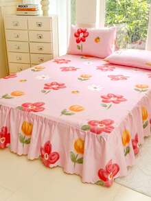 3pcs (1pc Bed Skirt 2pcs Pillowcase) Printed Design With Lotus Leaf Hem Bed Skirt, Full Coverage Dust Protection Cover With Skirt Hem Bed Skirt Cover Three-Piece Set Pleated Bed Skirt With 2 Pillowcases Bedding Set, Water Wash Brushed Velvet Touch Smooth Moisture-Absorbing Breathable Ple Hem Covering The Bed Foot To Beautify