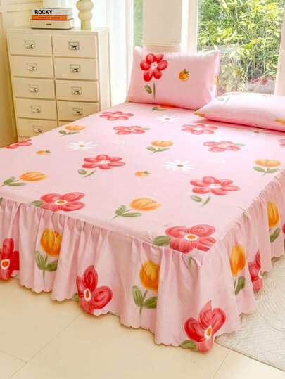 3pcs (1pc Bed Skirt 2pcs Pillowcase) Printed Design With Lotus Leaf Hem Bed Skirt, Full Coverage Dust Protection Cover With Skirt Hem Bed Skirt Cover Three-Piece Set Pleated Bed Skirt With 2 Pillowcases Bedding Set, Water Wash Brushed Velvet Touch Smooth Moisture-Absorbing Breathable Ple Hem Covering The Bed Foot To Beautify