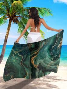 1Pc Gilding Fluid Painting Patterned Printed Beach Towel. Decorative Beach Towel. Beach Wrap. Sarong Cover Shirt Beach Skirt. Semi Transparent Elegant Multi Wear Style Beach Wrap Skirt. Can Be Used For Beach Cover Shirt - Multicolor - View 10