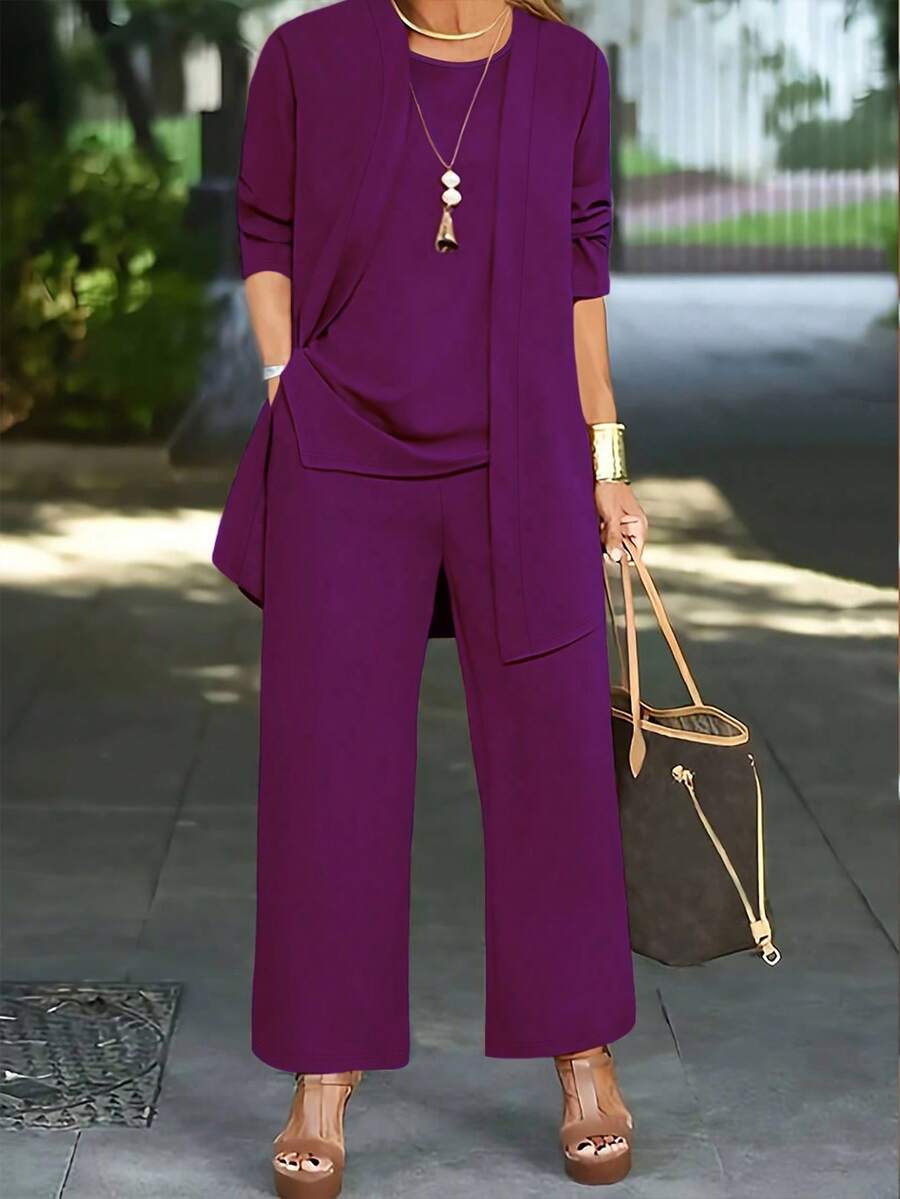 Bộ đồ nữ 3 món màu trơn thường ngày: Áo khoác/áo cardigan + Áo thun cổ tròn không tay + Quần ống đứng cạp chun, chất liệu mềm mại, co giãn, dáng rộng thoải mái, thích hợp cho mùa xuân/thu/đông. - Màu tím - Xem 1