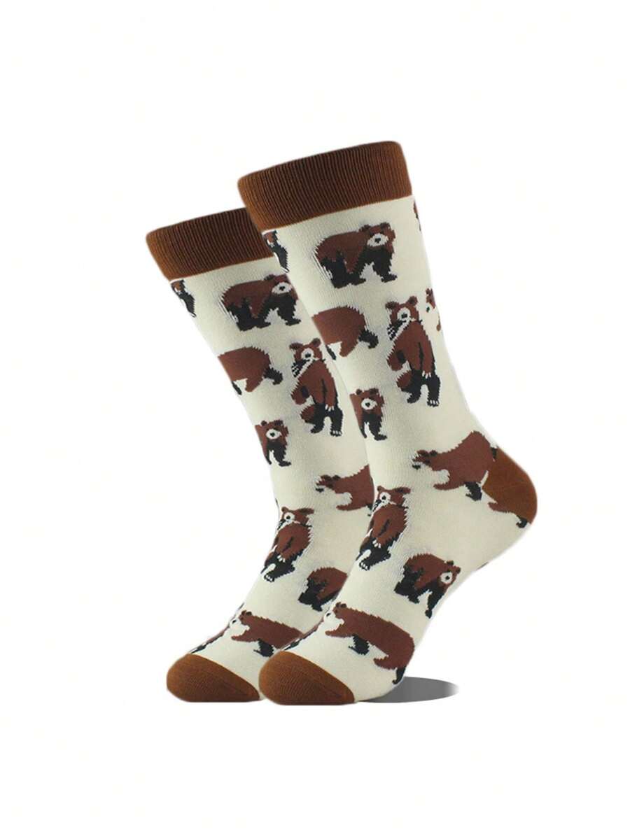 1 Pair Of Interesting And Distinctive Female Crew Socks With Cartoon Bear Prints - Multicolor - View 1