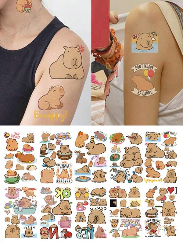 10 fogli/set Tatuaggi temporanei carini di cartoni animati capybara, adesivi di design per il trucco impermeabili, facili da applicare e rimuovere, adatti per festival, feste, regalo ideale