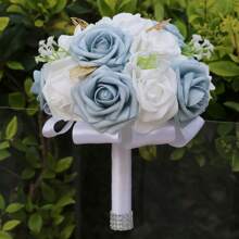 1 Stück eleganter blauer Rosenstrauß mit Satinband, Mori Stil Goldblatt Braut Brautjungfer Hochzeit Künstliche PE Schaum Rose Blumenstrauß PE407E