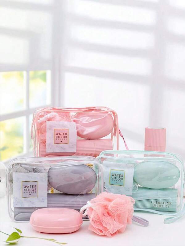 5-Piece Transparent Toiletry Bag - Translucent Shower Storage Bag, Large Capacity Waterproof Portable Storage Bag, No Fragrance, No Charge, No Battery - Suitable For Travel And Home Use (Including Toiletry Bag, Brush Cup, Soap Box, Comb, Bath Towel)