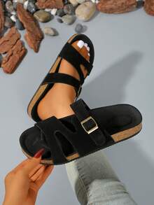 Sandalias planas para mujer, zapatillas informales de corcho con cierre deslizante para la playa y vacaciones - Negro - Ver 7