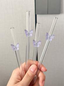 2/4Pcs Cute Cartoon Purple Butterfly Curved Reusable Glass Straw,For Smoothie Milk, Tea, Juice, Sparkling Water, Cocktail & Cold Drink Parties,Beach Outings, Pool Parties, Summer Picnics, Office Daily Use, Bars & Gift,Summer Holidays