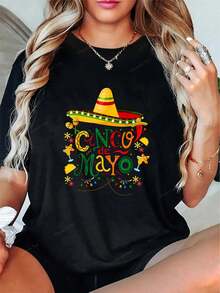 100% Cotton Colorful Fun Cinco De Mayo Design T-Shirt, Y2K Summer Tops Beach Outfits Shirts Clothes For Women, Graphic Tees Women, Rave Outfits Festival - Black - View 1