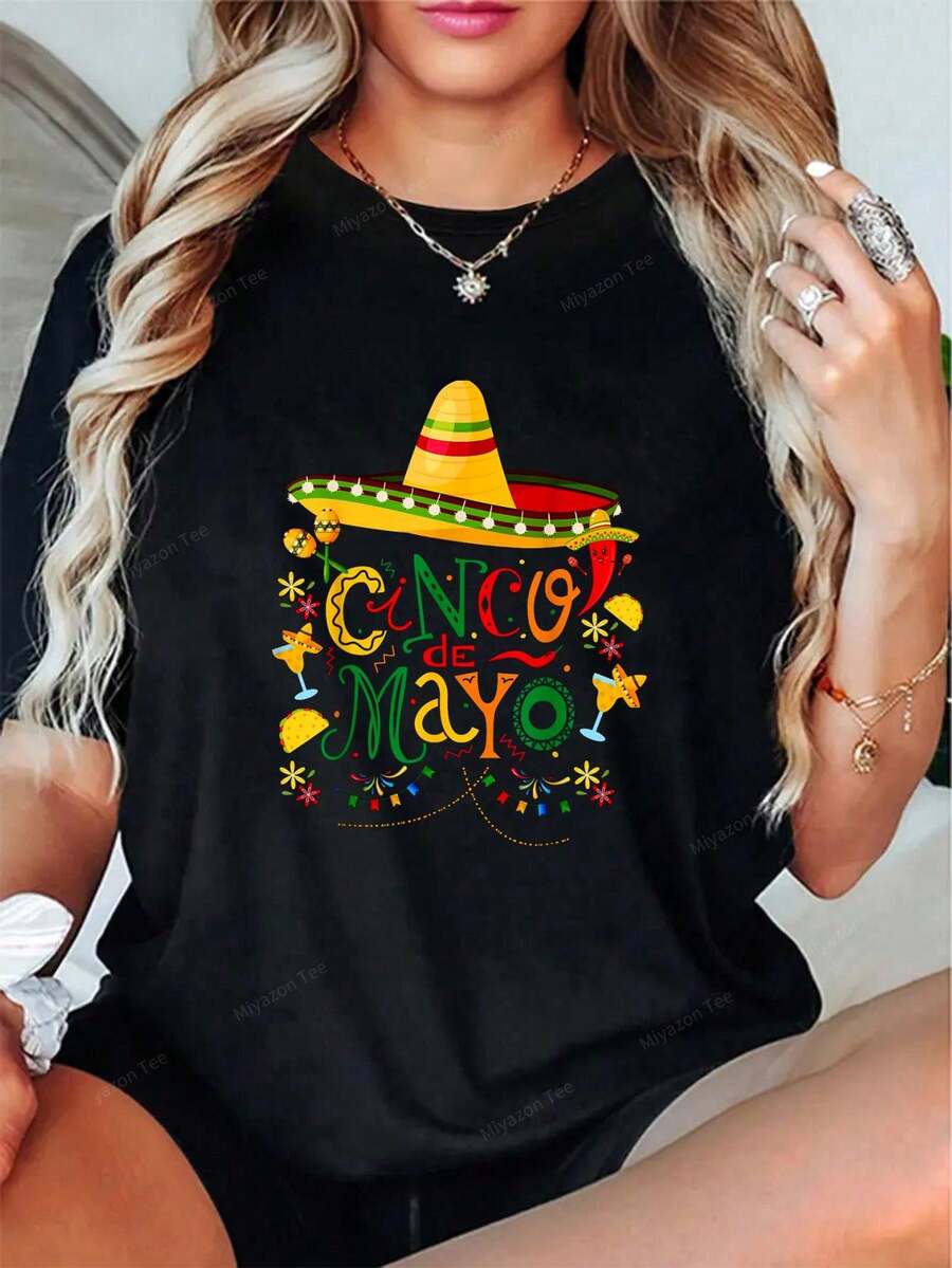 100% Cotton Colorful Fun Cinco De Mayo Design T-Shirt, Y2K Summer Tops Beach Outfits Shirts Clothes For Women, Graphic Tees Women, Rave Outfits Festival - Black - View 1