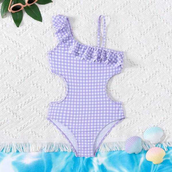 Tween Girls' Fashion Plaid Asymmetrical Shoulder Ruffle One-Piece Swimsuit