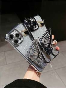 [3D 蝴蝶支架] 渐变闪亮手机壳，心形和水晶链，通用兼容 Apple 16/15/14/13 Pro Max、S23/S22、Redmi Note 12，防滑闪亮美学保护套 - 藍色 - 查看 3