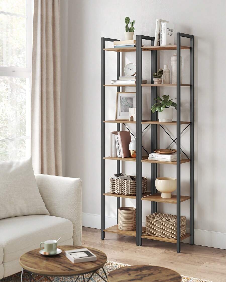 VASAGLE Regal, Bücherregal, Standregal, DVD-Regal, mit 6 Ebenen, Büroregal, offene Ablagen, für Büro, Wohnzimmer, Schlafzimmer, Küche, 30 x 40 x 186 cm, weizenbraun-tintenschwarz