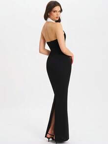 Women's Summer Sexy Halter V Neck Embellished Maxi Long Dress For Wedding Black And White Backless Evening Dress Elegant Cocktail Party Dress Bodycon - Black - View 11