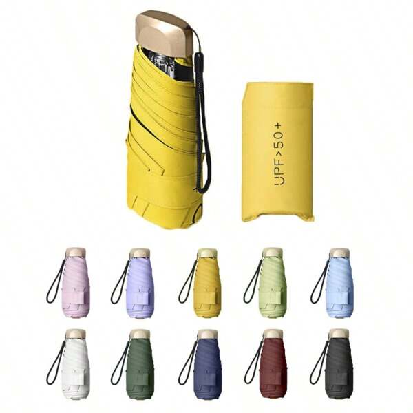 1pc Mini Foldable Parasol With Golden Handle, Lightweight Aluminum Alloy Frame, Compact & Portable Umbrellas, Black UV Protection Sun Shade, Rainy And Sunny Dual Use Summer Cooling,Beach,Travel