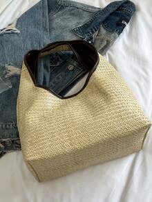 Women's PU Leather Letter TOTE BAG With Woven Printing, Simple Street Fashion Handbag - Khaki - View 3