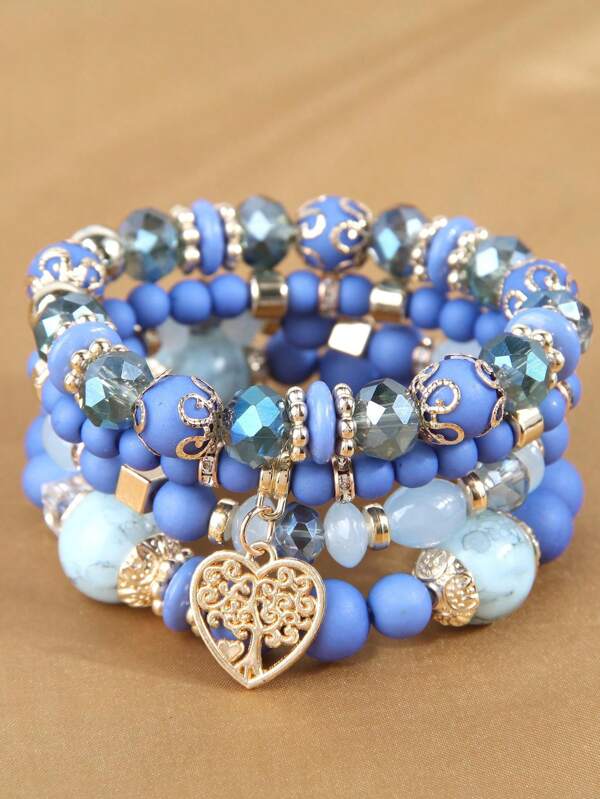 4pcs/Set Bohemian Multi-Layer Wood Bead, Faux Pearl Beaded Bracelets With Heart & Tree Charms, Suitable For Women Daily Or Beach Wear