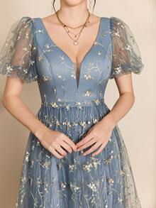 Magicy V-Neck Embroidered Mesh Lantern Short Front Long Back Evening Dress,Bridesmaid Dress - Grey - View 3