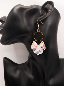 1 Pair Bohemian Floral Print Hoop & Wooden Slice Dangle Earrings, Copper Alloy Jewelry For Women, Metal Earring Hook Design, Suitable For All Seasons