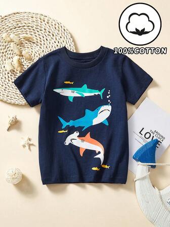 Young Boys Cartoon Shark Print Short Sleeve T-Shirt, Casual And Fashionable Outerwear For Spring/Summer