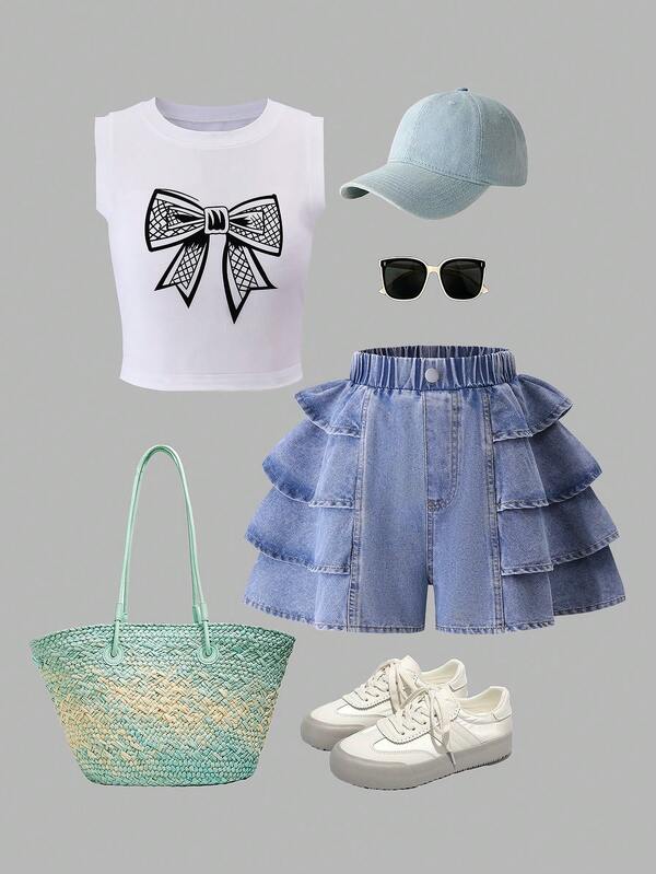 2pcs/Set Tween Girls Casual Bow & Floral Print Layered Ruffle Edge Denim Shorts