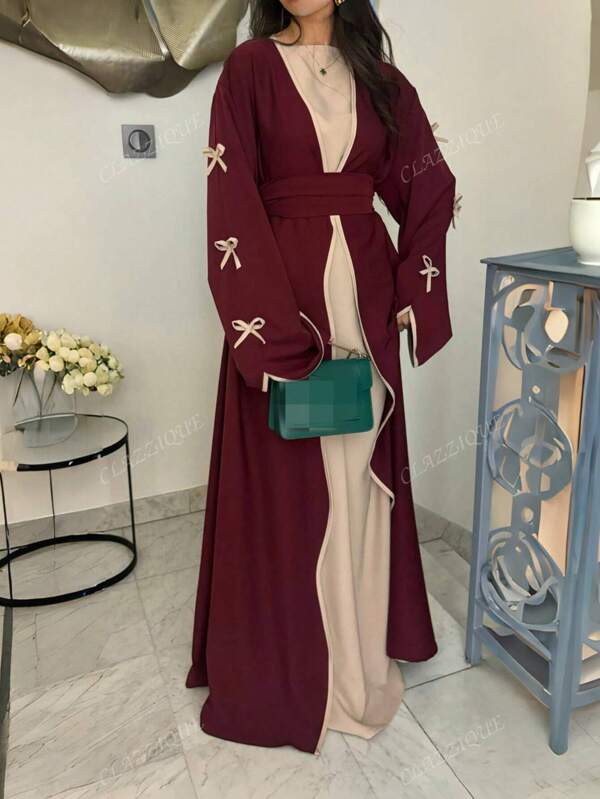 SuofeiMan Sommer Neue Modische Mittlere Osten Einfache Schleife Arabisch Lange Robe Jacke, Burgunder Einfarbig Lässig Weich & Bequem Mit Gürtel