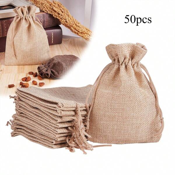 50pcs, Popular Linen Drawstring Pouch Jewelry Gifts Accessories Small Storage Bags