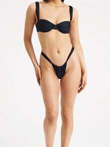 Women 2 Piece Bikini Set Bathing Suit Swimsuits Solid Color Ruched Bra And Elastic Thong Sets Summer Holiday Beachwear Party Clubwear - Black - View 9