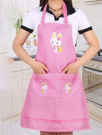 1pc Cartoon Rabbit Pattern Aprons,Polyester Grid Pattern Rabbit Bib Apron,With Pocket And Adjustable Halter,Oil And Stain Resistant,Casual For Daily Use,Suitable For Chef,Gardener,Baker,Florist,Artist,Barista And Other Workwear,And For Kitchen,Bathroom,Household Supplies